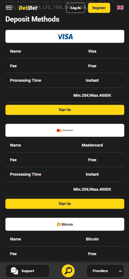 Betibet deposit methods for Irish bettors, Visa and Mastercard listed as free and instant with a minimum of 20 euro and a maximum of 4000 euro alongside Bitcoin