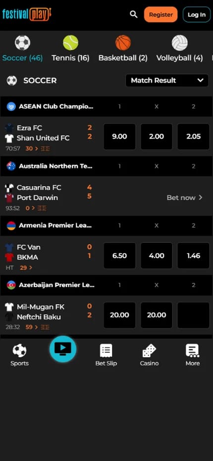 Festival Play live betting for Irish bettors, in play soccer with 46 matches running including Ezra FC against Shan United and FC Van against BKMA priced in decimal odds