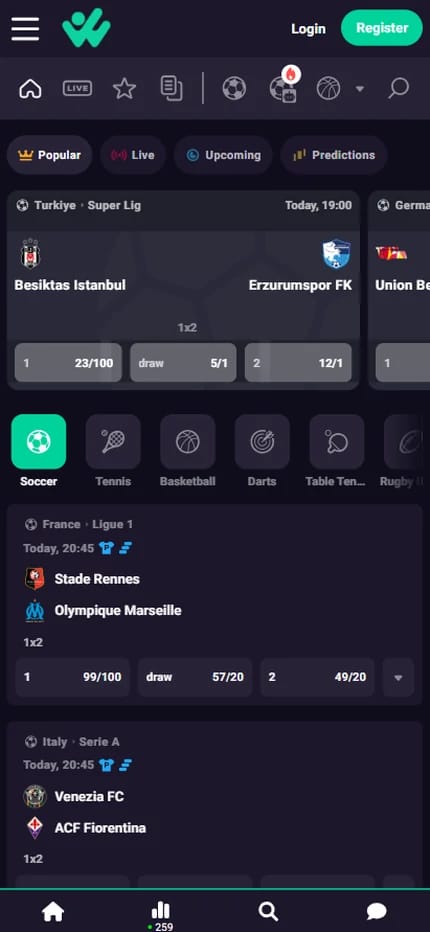 Hiperwin sports betting for Irish bettors, fractional match odds on Besiktas Istanbul against Erzurumspor FK in the Turkish Super Lig and on Stade Rennes against Olympique Marseille in Ligue 1