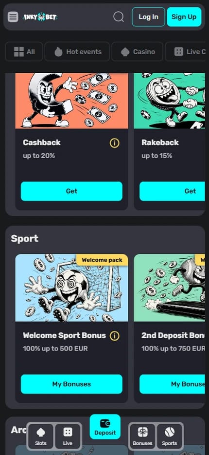 Inky.bet promotions for Irish bettors, the Welcome Sport Bonus of 100% up to 500 EUR and a second deposit bonus of 100% up to 750 EUR listed under cashback of up to 20% and rakeback of up to 15%