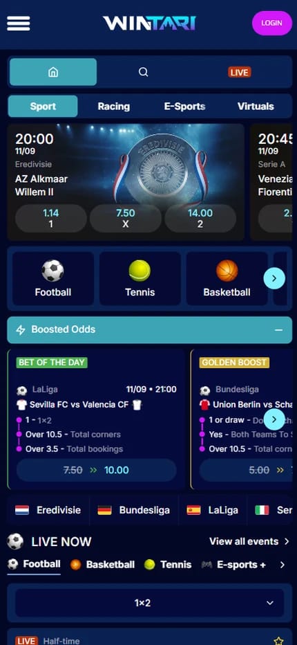 Wintari sports betting for Irish bettors, the Eredivisie match between AZ Alkmaar and Willem II priced in decimal odds above a boosted odds panel where a Sevilla against Valencia bet of the day moves from 7.50 to 10.00