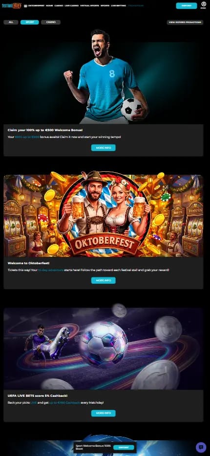 FestivalPlay promotions page on the Sport tab, showing the sports welcome bonus, an Oktoberfest event and a UEFA live bets cashback offer