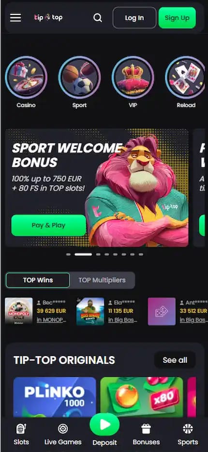 tiptop-bonus page displaying amounts