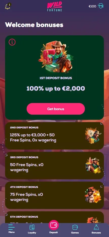 Here are three options for the Wild Fortune welcome bonus screenshot (desktop), each describing only what