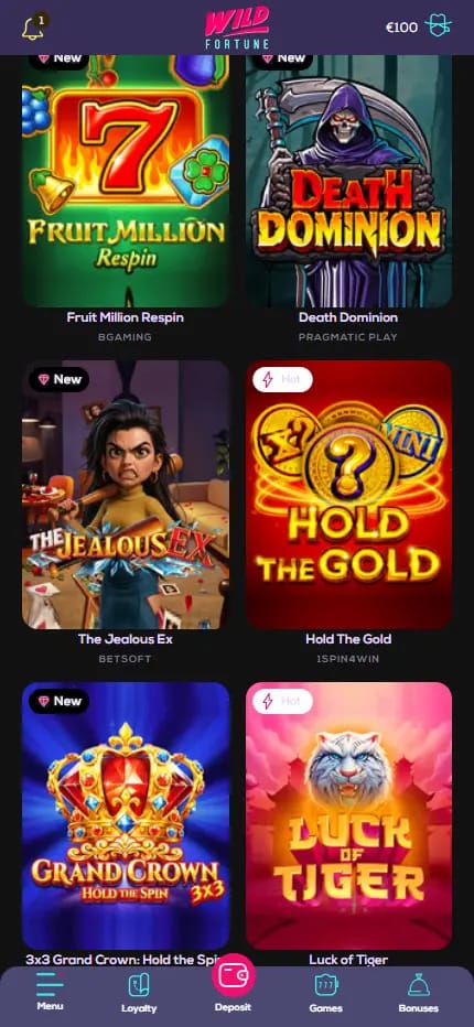 Wild Fortune Casino slots lobby on desktop showing new and hot game tiles