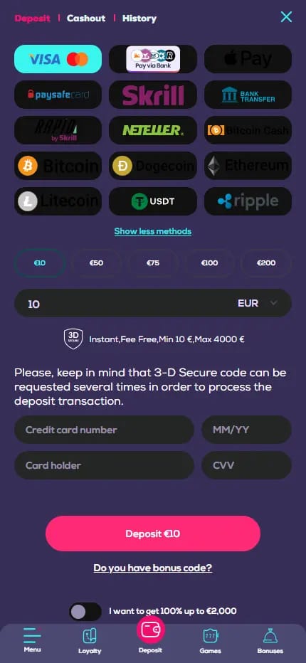 Here are three options for the Wild Fortune deposit screensho
