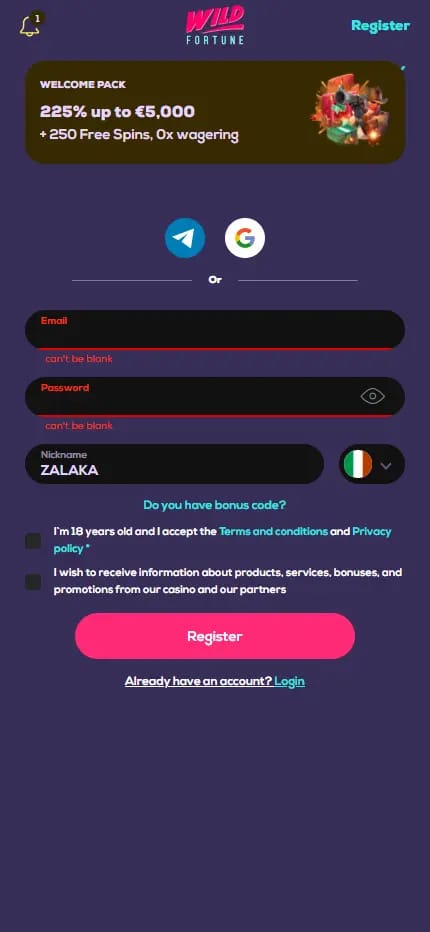 Here are three options for the Wild Fortune registration screenshot