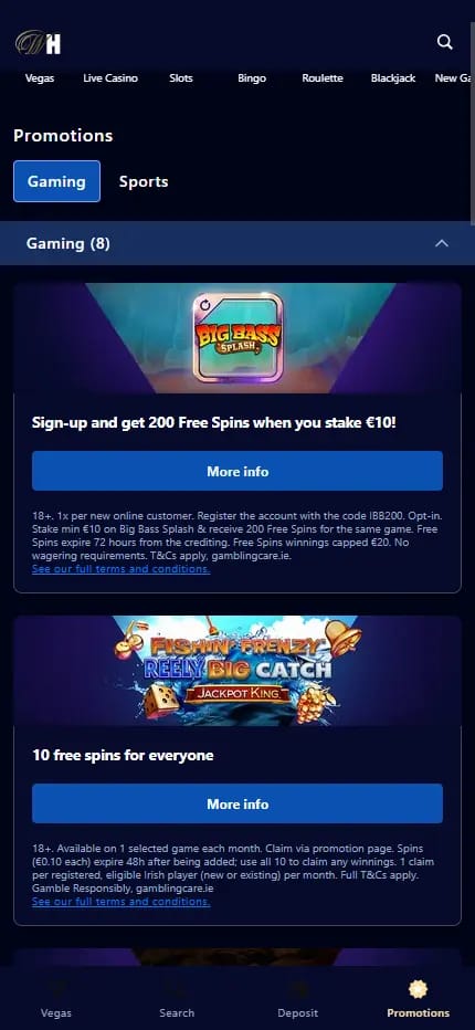 William Hill Casino promotions page showing the Gaming section with six free spins and deposit bonus offers, including the Big Bass Splash welcome deal