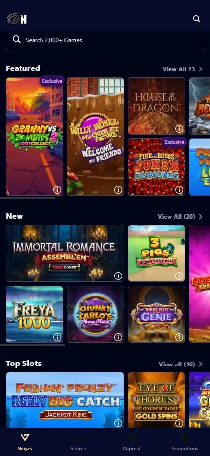 William Hill Casino Vegas lobby showing featured slots such as Granny vs Zombies 2, House of the Dragon and Eye of Horus, with category tabs and game search