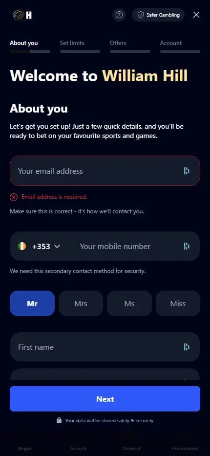 William Hill Casino registration form on the About you step, asking for an email address, with Set limits, Offers and Account steps shown above