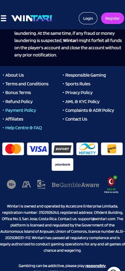 wintari sport banner showing payment methods