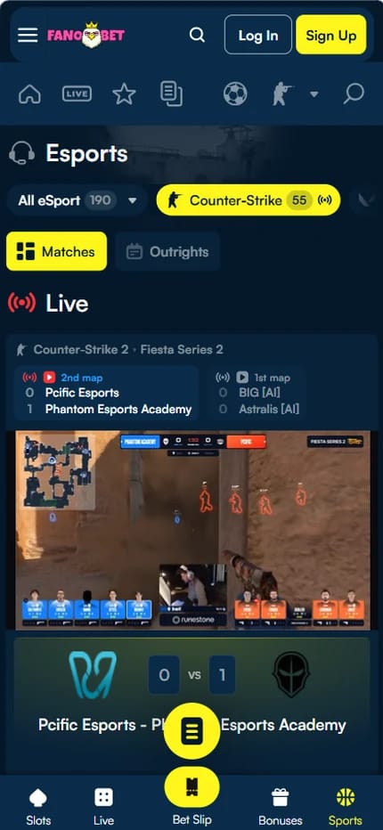Fanobet esports section with live Counter-Strike 2 Fiesta Series 2 matches, Matches and Outrights tabs, and a live match view of Pcific Esports against Phantom Esports Academy