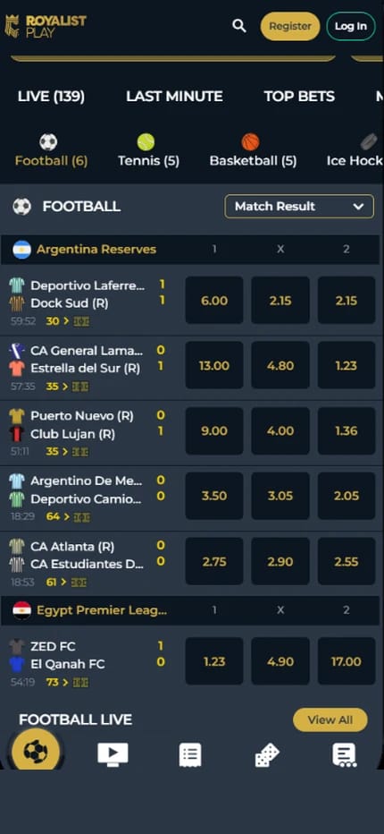 RoyalistPlay live betting page with in-play football from Argentina Reserves and the Egypt Premier League, decimal match result odds and tabs for tennis, basketball and ice hockey
