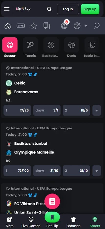TipTop sportsbook with a row of sports and esports icons, tabs for soccer, tennis, basketball and darts, and UEFA Europa League odds on Besiktas Istanbul v Olympique Marseille in fractions