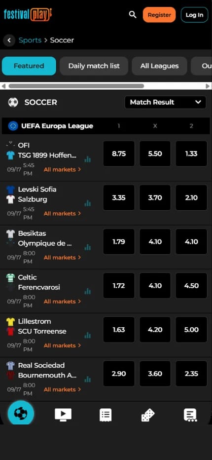 FestivalPlay soccer page listing pre-match UEFA Europa League fixtures including Celtic v Ferencvarosi and Real Sociedad v Bournemouth with decimal match result odds