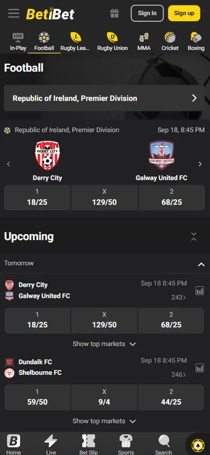 Betibet football page for the Republic of Ireland Premier Division, with fractional odds on Derry City v Galway United FC and Dundalk FC v Shelbourne FC in the upcoming fixtures list
