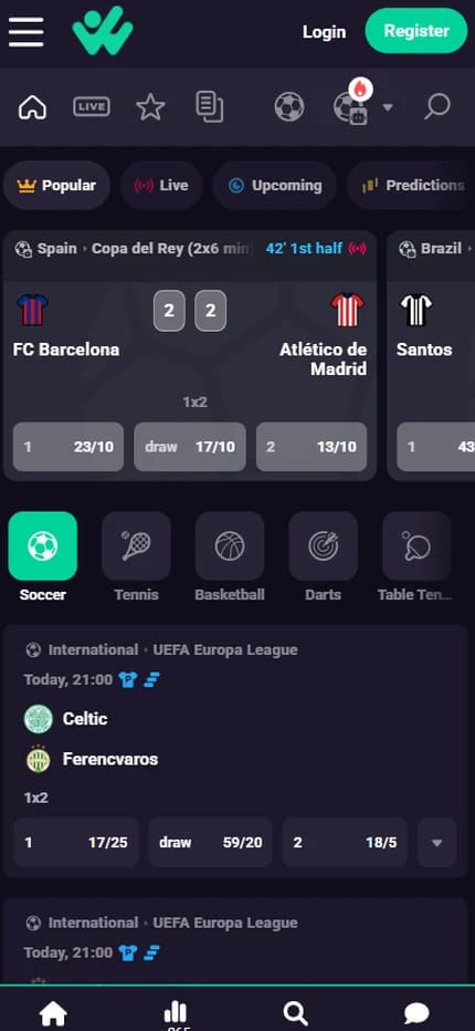 Hiperwin sportsbook lobby on mobile with a row of sports icons, tabs for soccer, tennis, basketball and darts, and UEFA Europa League odds for Celtic v Ferencvaros in fractions