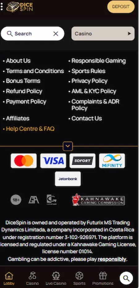 dicespin-sport banner showing payment methods