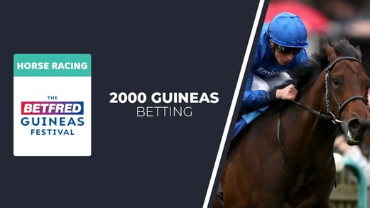 Original artwork featuring the words 2000 Guineas and an animated rider on a horse followed by the coat of arms of race sponsor Qipco