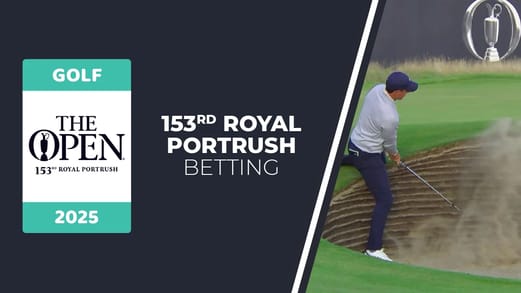 Image with the words "Golf The Open 2025: 153rd Royal Portrush Betting" followed by a man swinging a golf club.
