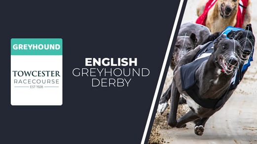 Original artwork featuring an image of a Greyhound and a race track followed by the name of the event "English Greyhound Derby" and an image to its coat of arms