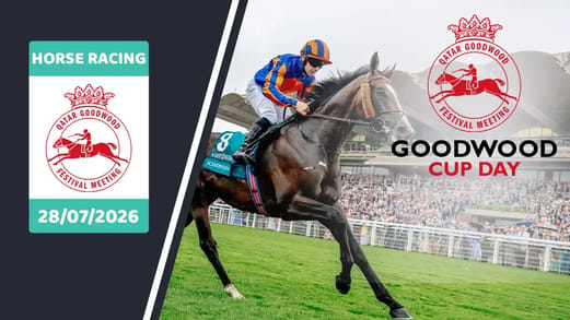 Goodwood Cup Day horse racing banner featuring a jockey in blue and orange silks riding a racehorse, with the Qatar Goodwood Festival Meeting logo, event title, and date 28 July 2026.