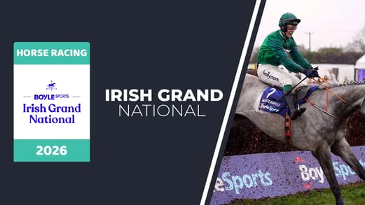 Original banner featuring a jockey on a horse followed by the words "Irish Grand National" next to the coat of arms of the event and the sponsor which is Boyle Sports