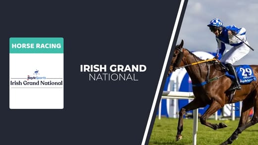 Original banner featuring a jockey on a horse followed by the words "Irish Grand National" next to the coat of arms of the event and the sponsor which is Boyle Sports