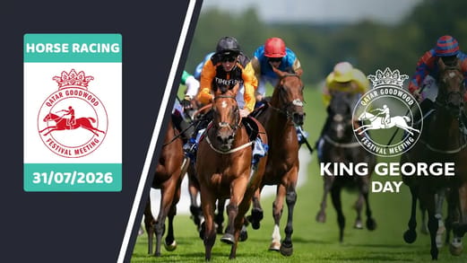 King George Day horse racing banner featuring a field of racehorses and jockeys in action, with the Qatar Goodwood Festival Meeting logo and event date 31 July 2026.