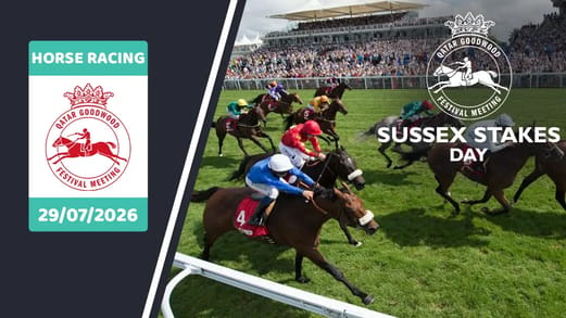 Horse racing banner featuring the Qatar Goodwood Festival Meeting logo, a horse race with jockeys on a crowded track, and text reading “Sussex Stakes Day” and “29/07/2026.”
