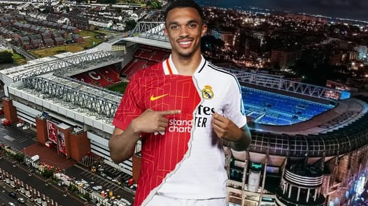 Trent Alexander Arnolds in a Liverpool and Real Madrid Jersey