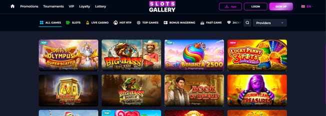 Slots Gallery games lobby with filters for slots, live casino and hot RTP, showing Gates of Olympus Super Scatter, Big Bass Splash, Sweet Bonanza 2500 and Book of Dead.