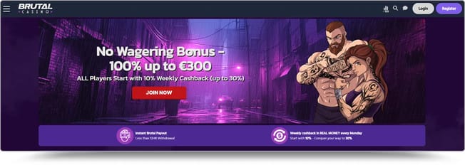 Brutal casino Ireland homepage showing the 100% welcome bonus up to €300.
