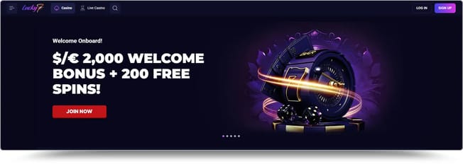 Luck7even casino Ireland homepage showing the 200 Free Spins welcome bonus up to €2000.