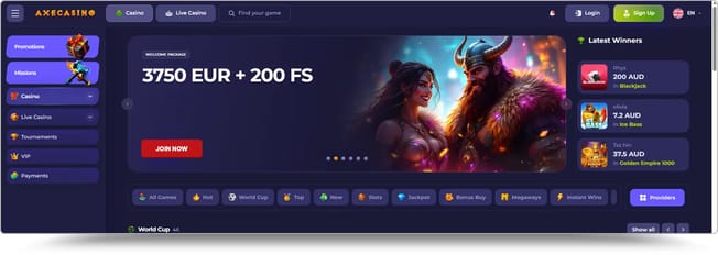 Axe Casino games lobby with the 3,750 EUR welcome package and 200 free spins