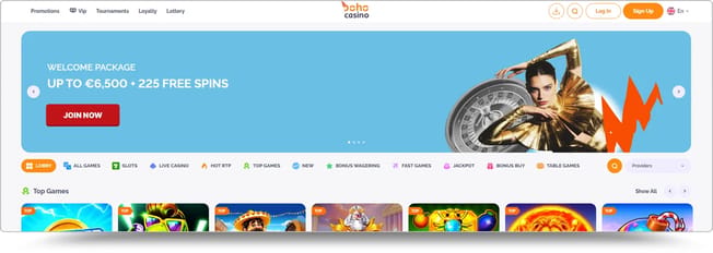 Boho Casino homepage showing the welcome package up to €6,500 with 225 free spins