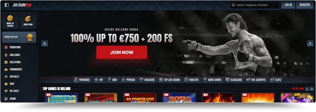 Glorion Casino homepage with the 100% up to €750 casino welcome bonus and 200 free spins