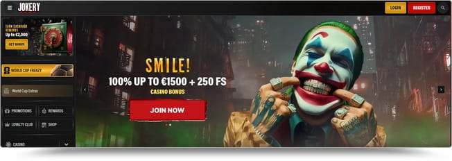 Jokery Casino homepage with the 100% up to €1,500 welcome bonus and 250 free spins