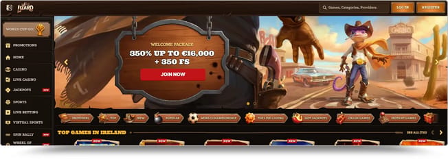 Lizaro Casino western-themed homepage showing the 350% welcome package up to €16,000 plus 350 free spins