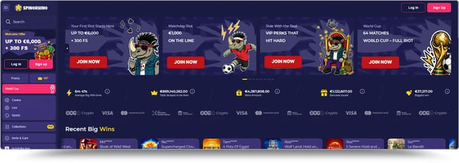 Spinorhino Casino lobby with the €6,000 welcome offer and 300 free spins, one of the new online casinos in Ireland