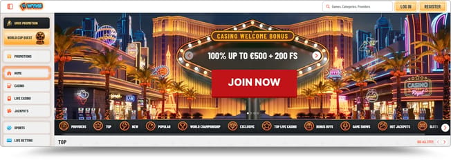 Wyns Casino homepage showing the 100% up to €500 welcome bonus with 200 free spins for Irish players