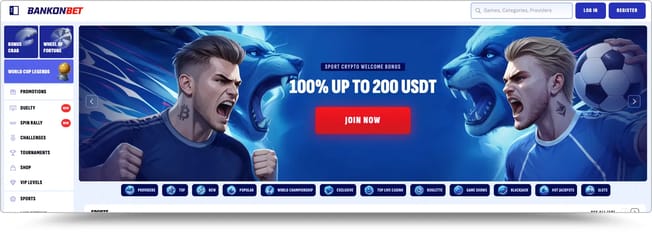 Bankonbet homepage showing the sport crypto welcome bonus of 100% up to 200 USDT