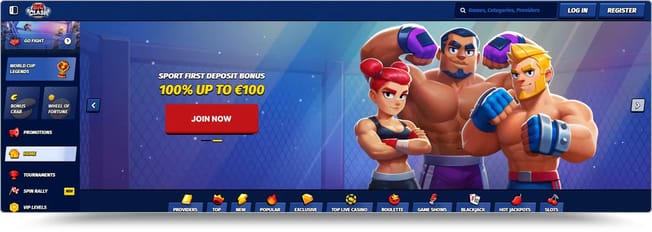 Big Clash homepage showing the sport first deposit bonus of 100% up to €100