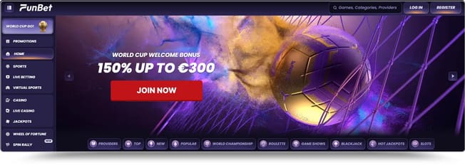 FunBet homepage showing the World Cup welcome bonus of 150% up to €300