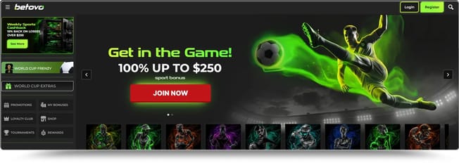 Betovo homepage with the 100% up to $250 sport bonus and weekly 10% cashback offer