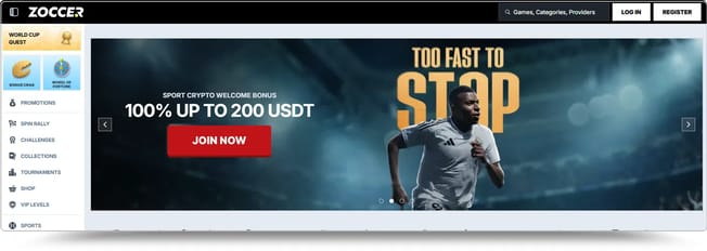 Zoccer Sport homepage showing the sport crypto welcome bonus of 100% up to 200 USDT